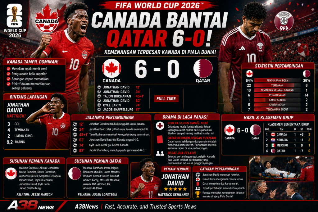 Jonathan David merayakan gol saat Kanada mengalahkan Qatar 6-0 pada pertandingan FIFA World Cup 2026.