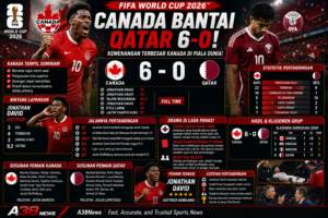 Jonathan David merayakan gol saat Kanada mengalahkan Qatar 6-0 pada pertandingan FIFA World Cup 2026.