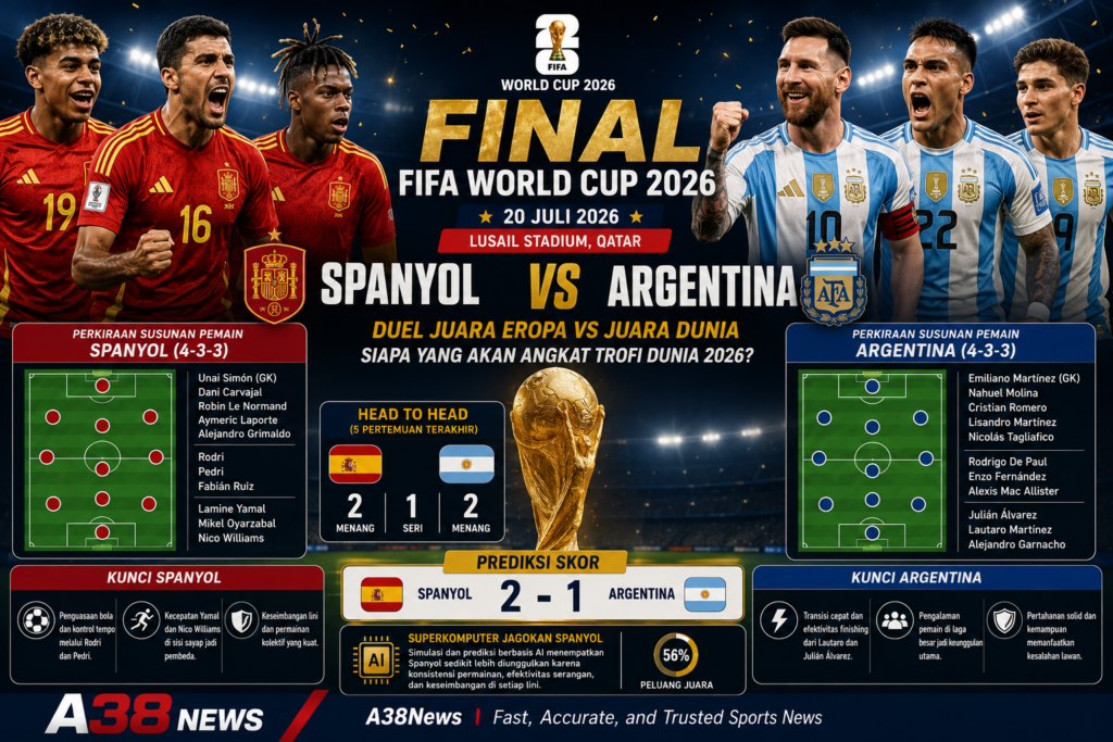Pemain Spanyol dan Argentina bersiap menghadapi partai final FIFA World Cup 2026 yang mempertemukan dua kandidat kuat juara dunia.